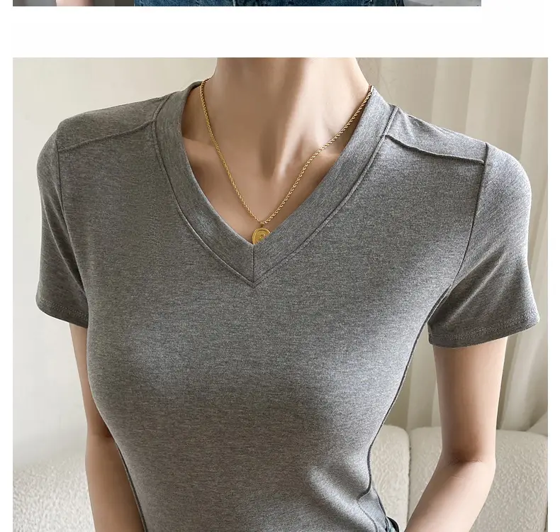 Women V Neck Short Sleeve T-Shirt White — feature 26
