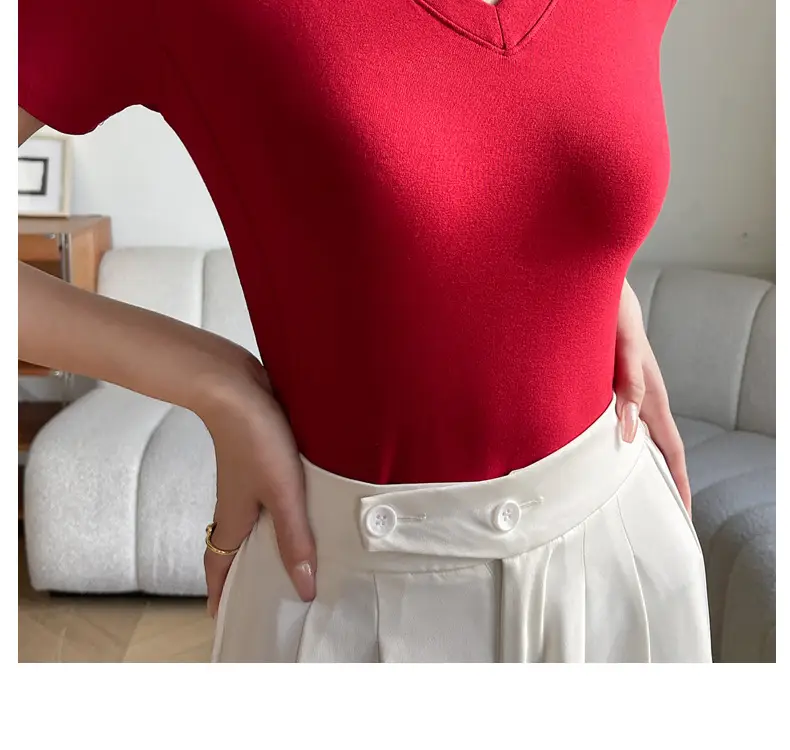 Women V Neck Short Sleeve T-Shirt White — feature 28