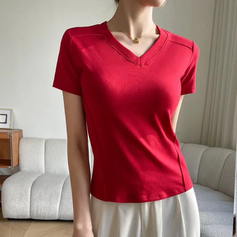 Women V Neck Short Sleeve T-Shirt White