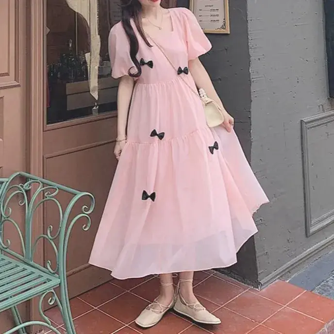 White Bow Puff Sleeve Dress for Women 2024 - Image 7