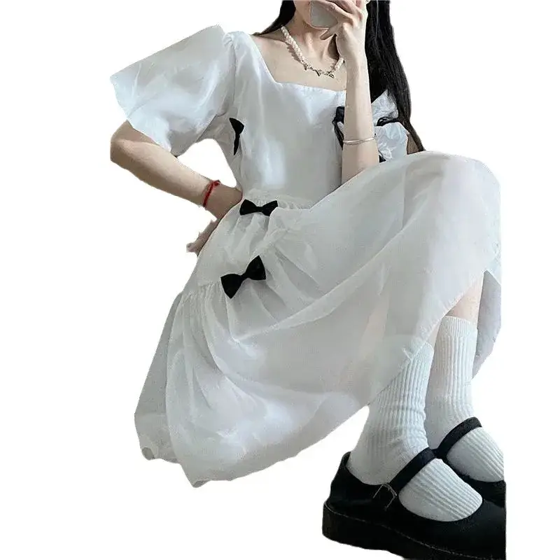 White Bow Puff Sleeve Dress for Women 2024 - Image 9