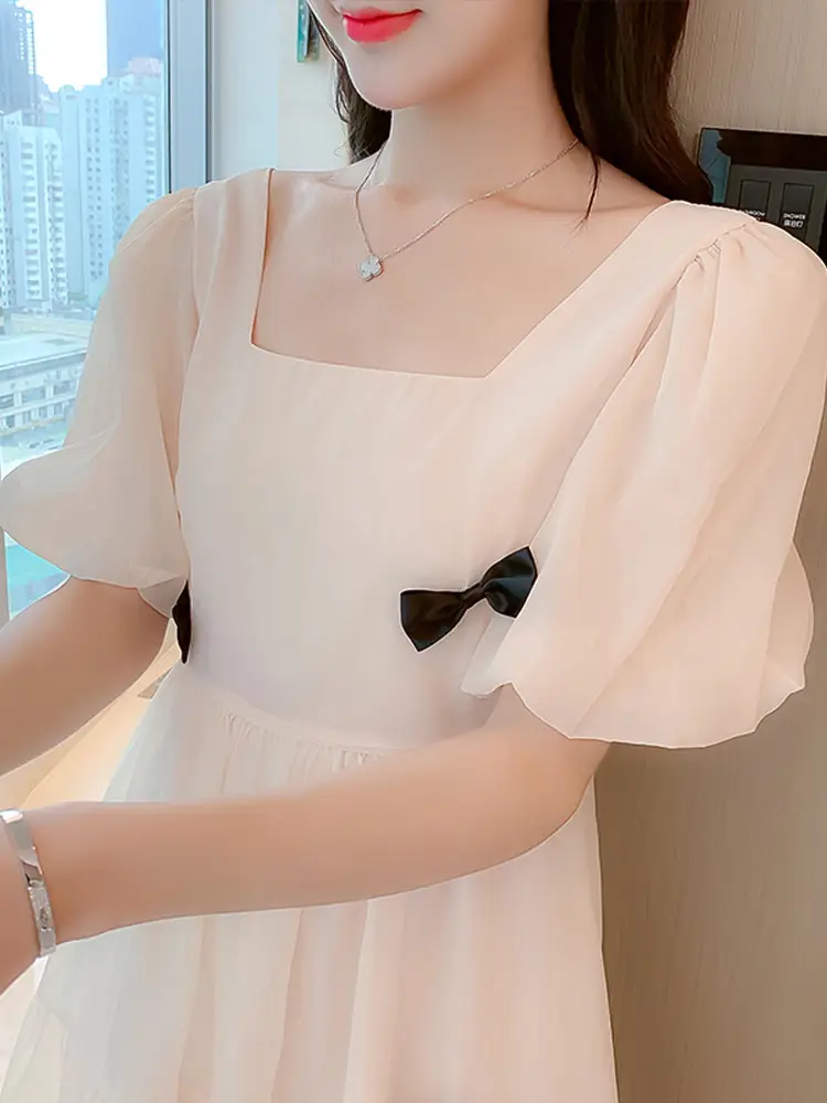 White Bow Puff Sleeve Dress for Women 2024 — feature 1