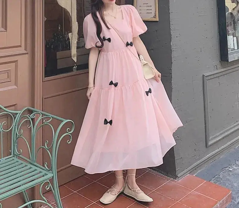 White Bow Puff Sleeve Dress for Women 2024 - Image 4