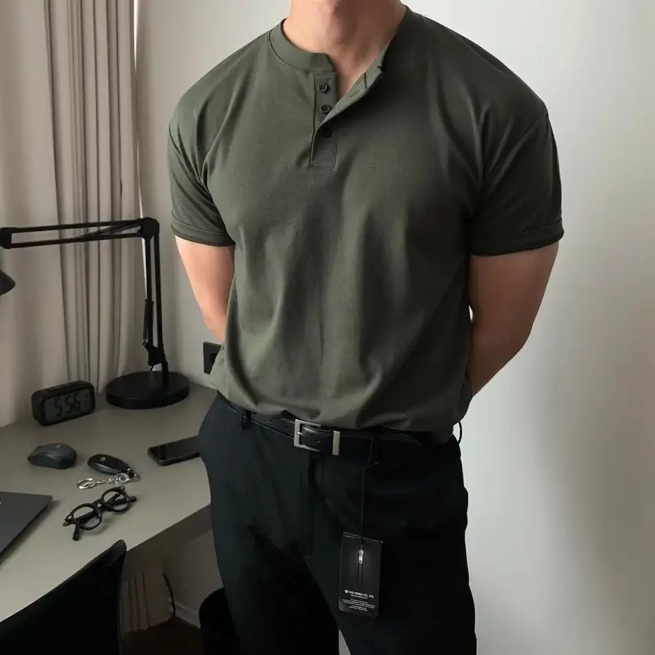 Men's American Style Polo Shirt Olive Green Short Sleeve — feature 12