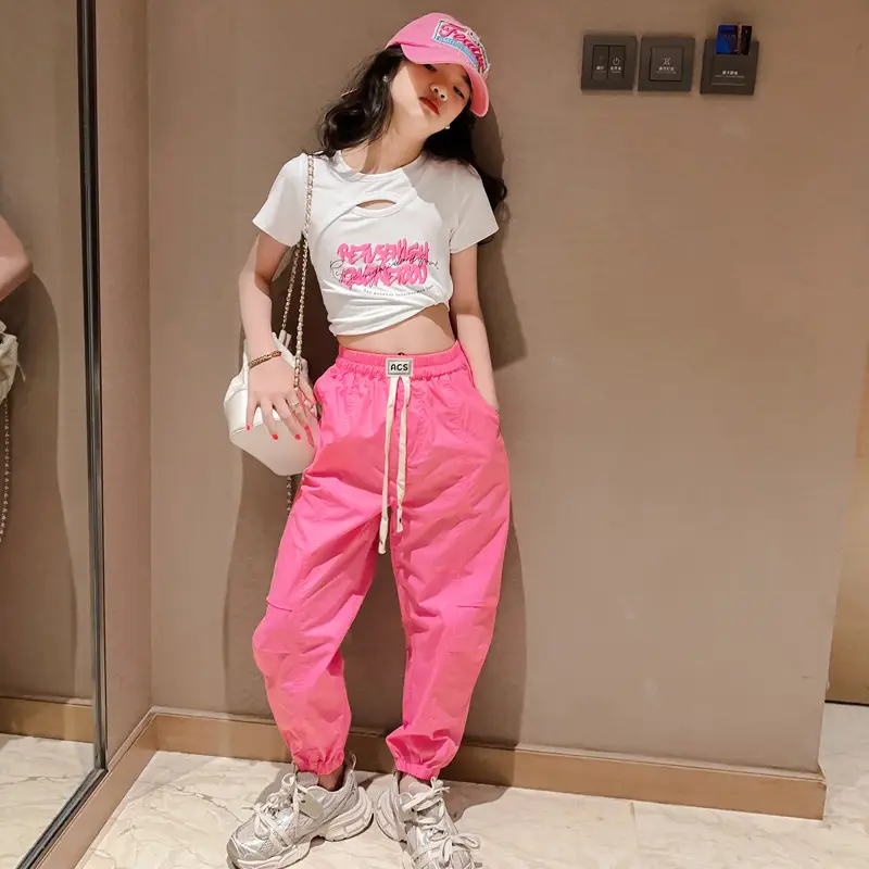 Girls Hip-Hop Dance Suit Pink Crop Top High Heel Hat - Image 9