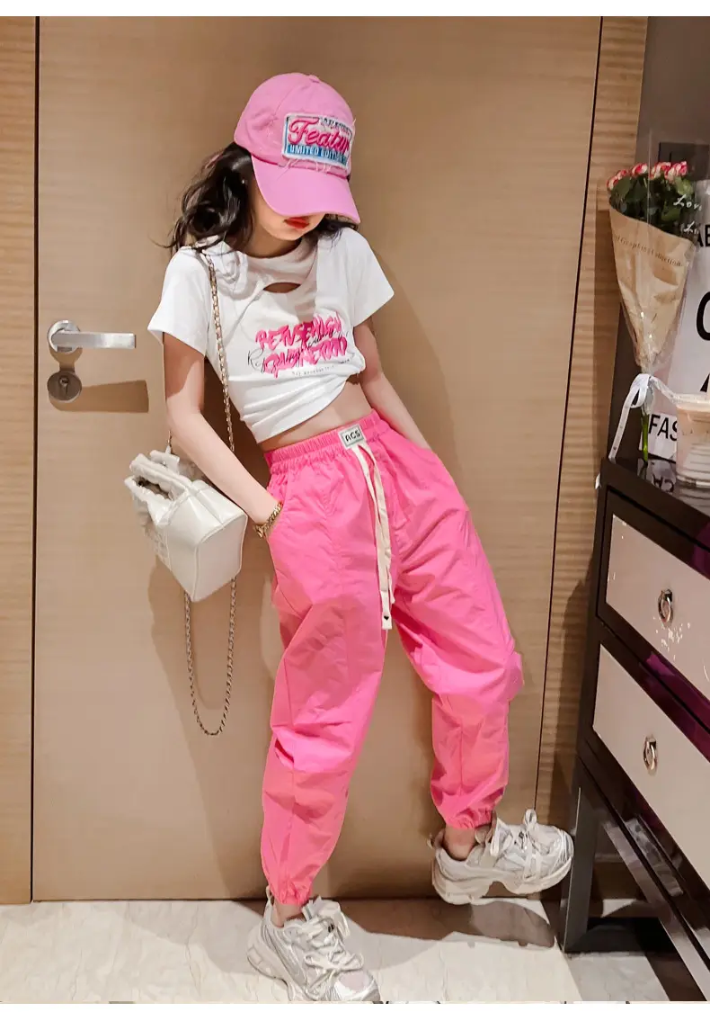 Girls Hip-Hop Dance Suit Pink Crop Top High Heel Hat — feature 10