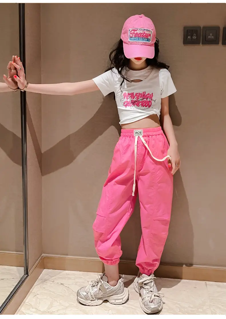 Girls Hip-Hop Dance Suit Pink Crop Top High Heel Hat — feature 11