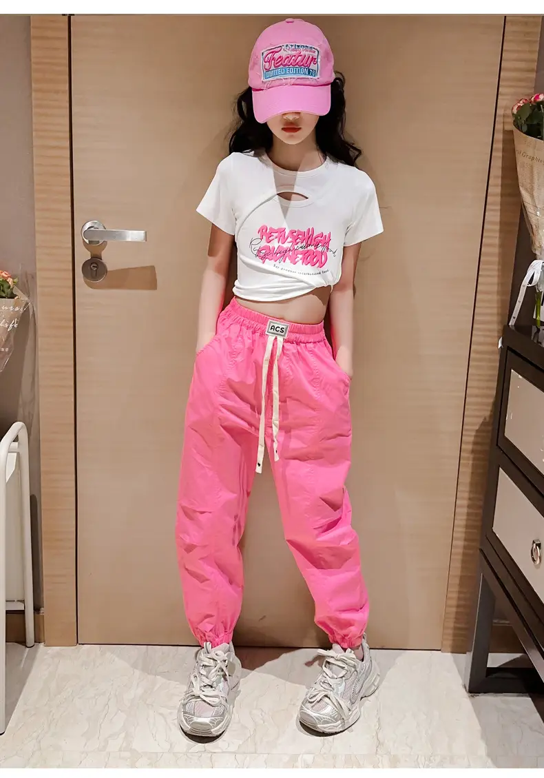 Girls Hip-Hop Dance Suit Pink Crop Top High Heel Hat — feature 13