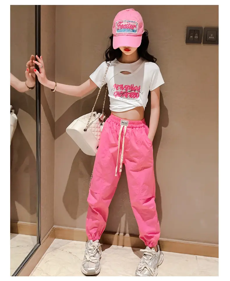 Girls Hip-Hop Dance Suit Pink Crop Top High Heel Hat — feature 14