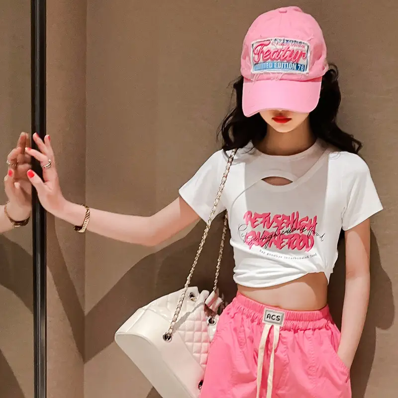 Girls Hip-Hop Dance Suit Pink Crop Top High Heel Hat - Image 5