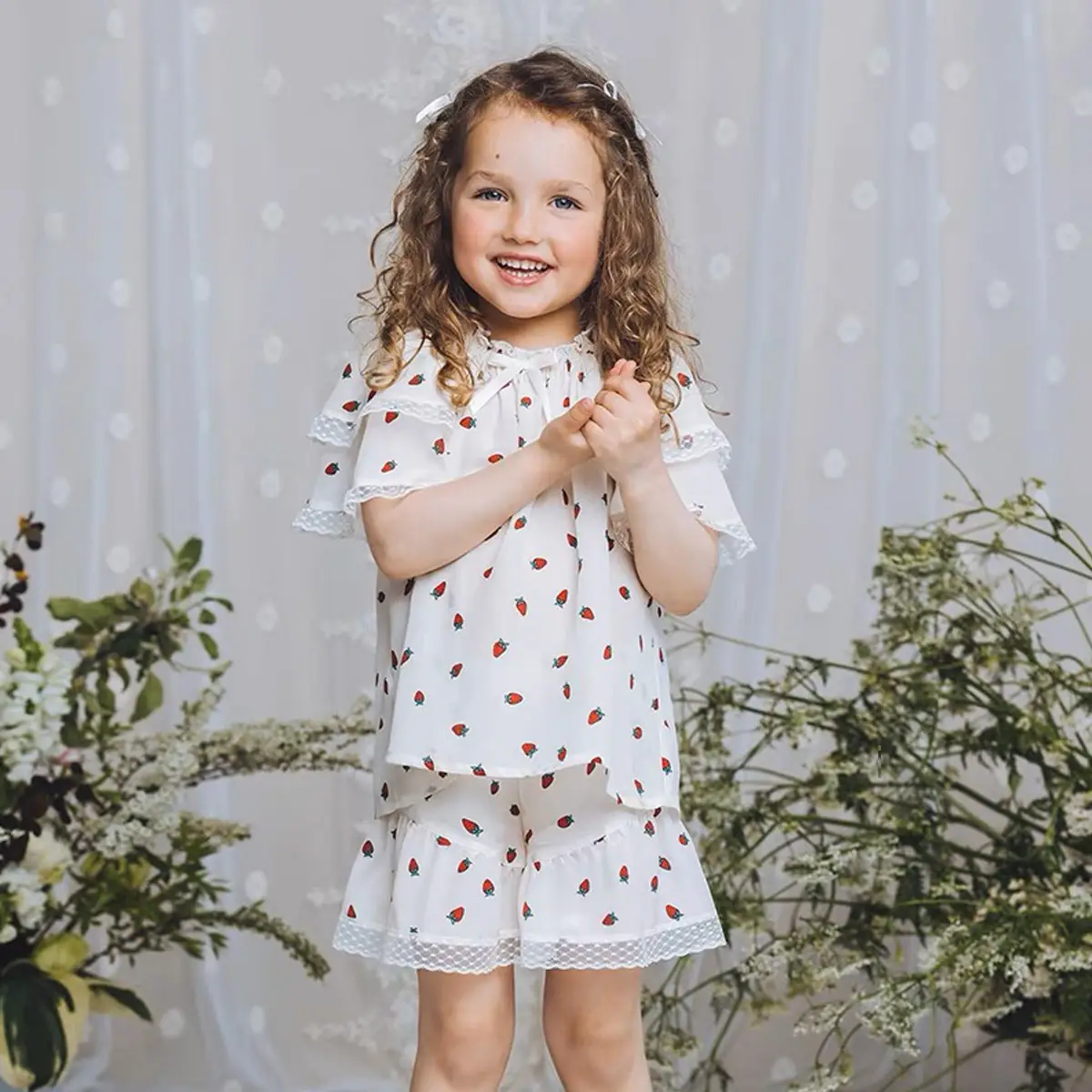 Girls Summer Pajamas Set White Red Dot Lace Short Sleeve - Image 4