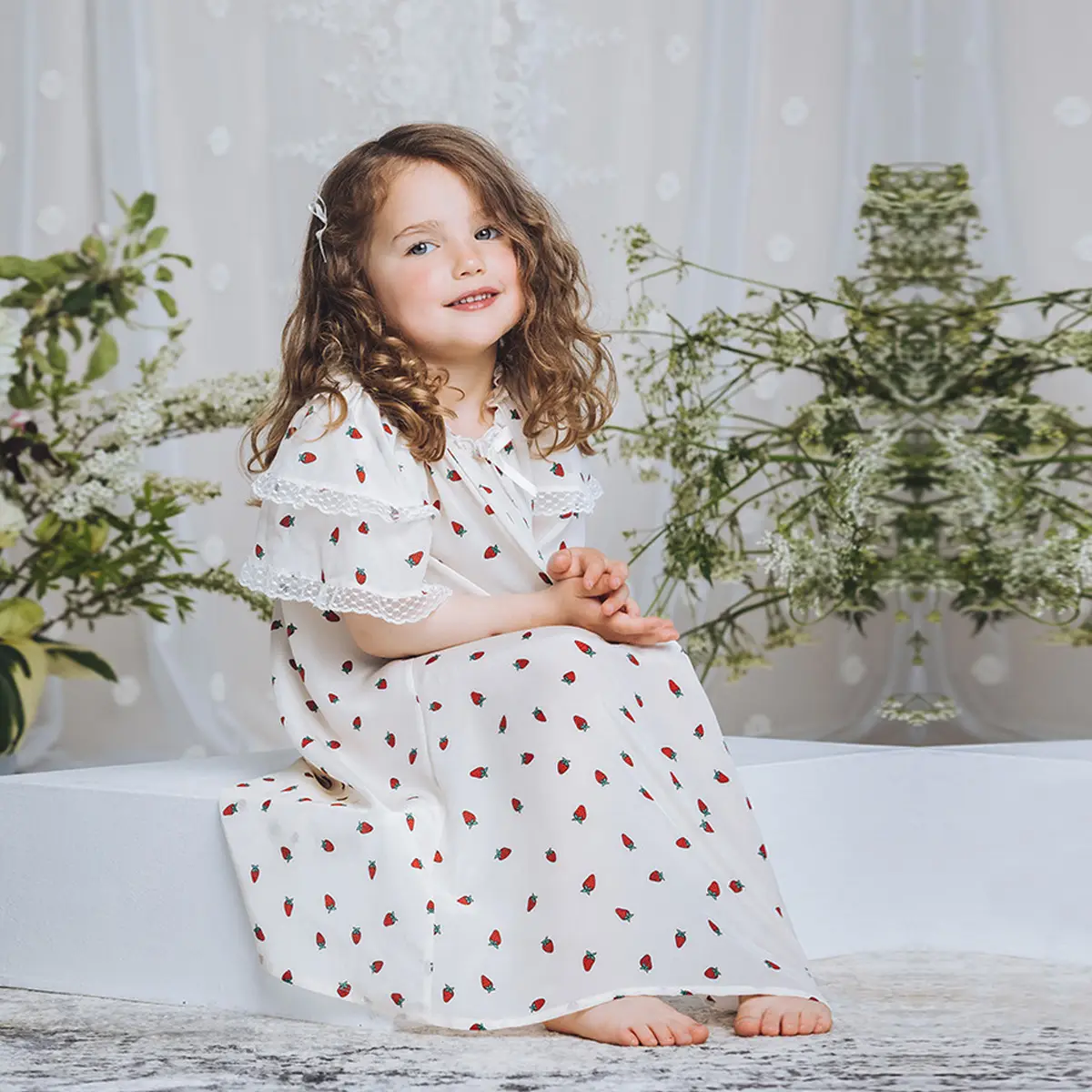 Girls Summer Pajamas Set White Red Dot Lace Short Sleeve - Image 5