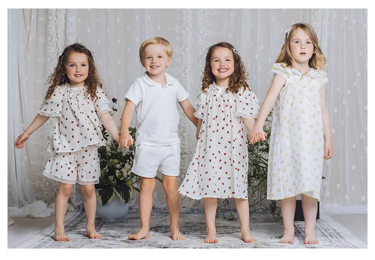 Girls Summer Pajamas Set White Red Dot Lace Short Sleeve — feature 4