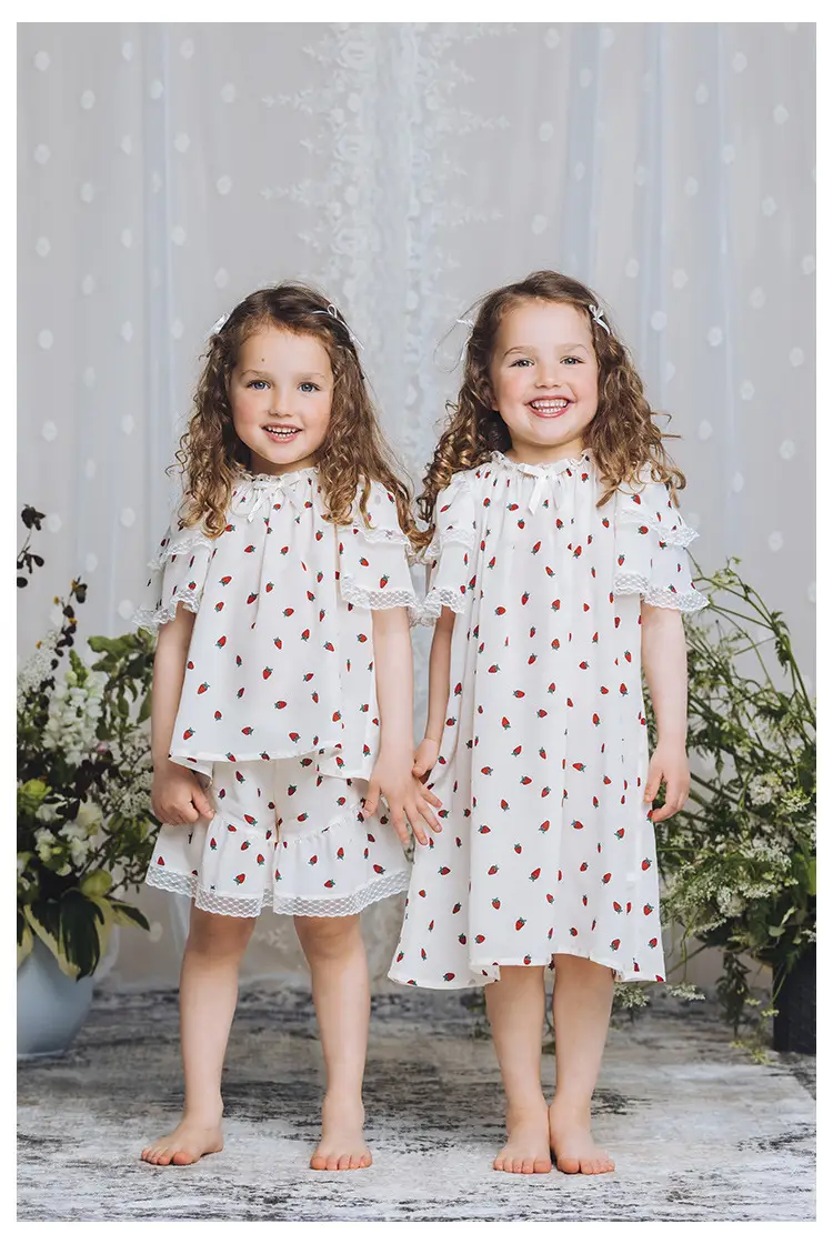 Girls Summer Pajamas Set White Red Dot Lace Short Sleeve — feature 5