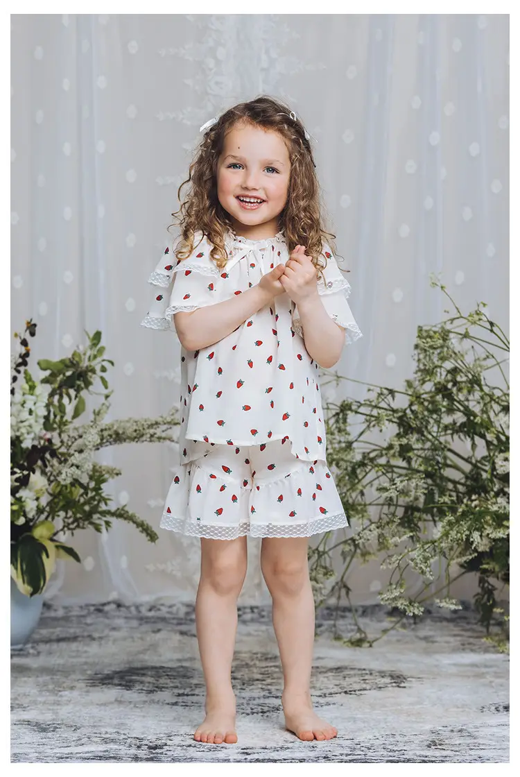 Girls Summer Pajamas Set White Red Dot Lace Short Sleeve — feature 6