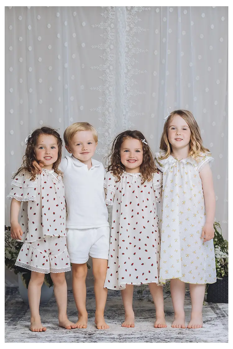 Girls Summer Pajamas Set White Red Dot Lace Short Sleeve — feature 7
