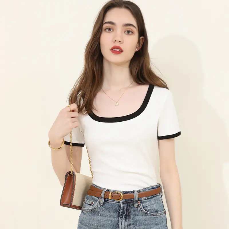 Summer Women's Black Trim Short Sleeve T-Shirt - Image 3