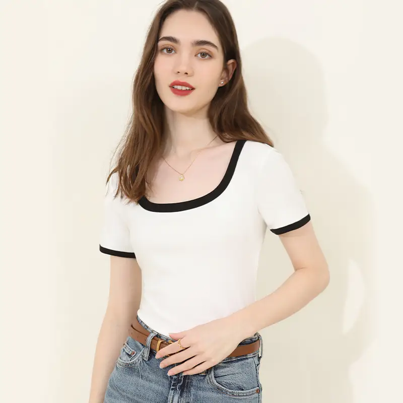 Summer Women's Black Trim Short Sleeve T-Shirt - Image 5