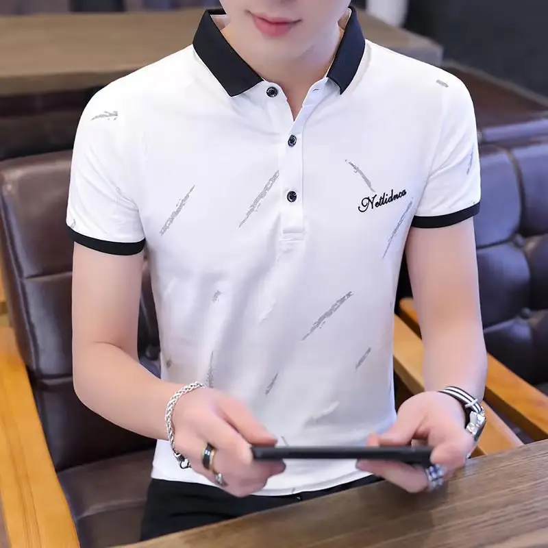Men's Light Blue Printed Polo Shirt Summer Wear - Image 3