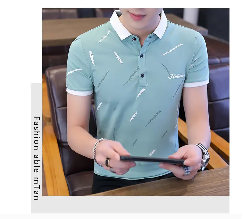 Men's Light Blue Printed Polo Shirt Summer Wear — feature 11