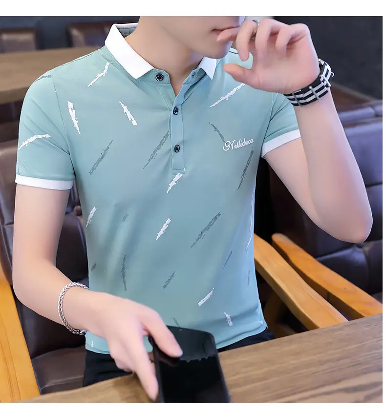 Men's Light Blue Printed Polo Shirt Summer Wear — feature 9