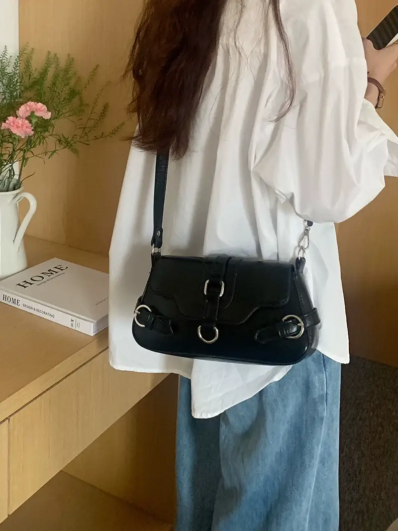 Women's Black Biker Style Shoulder Crossbody Bag — feature 11