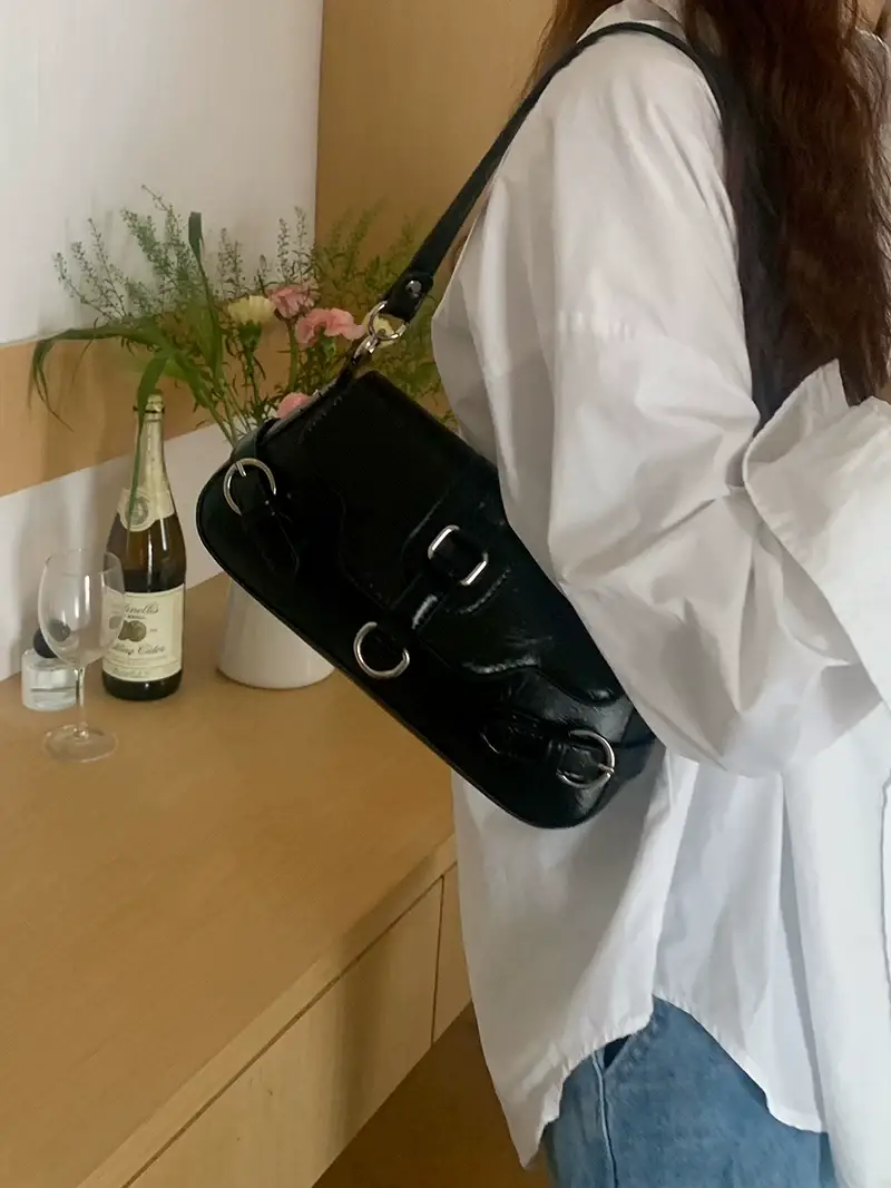 Women's Black Biker Style Shoulder Crossbody Bag — feature 8
