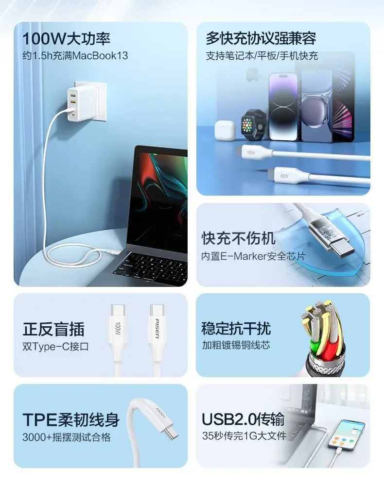 Pinsheng 1m Double Head Type-C Charging Cable for iPhone 15 Max — feature 2