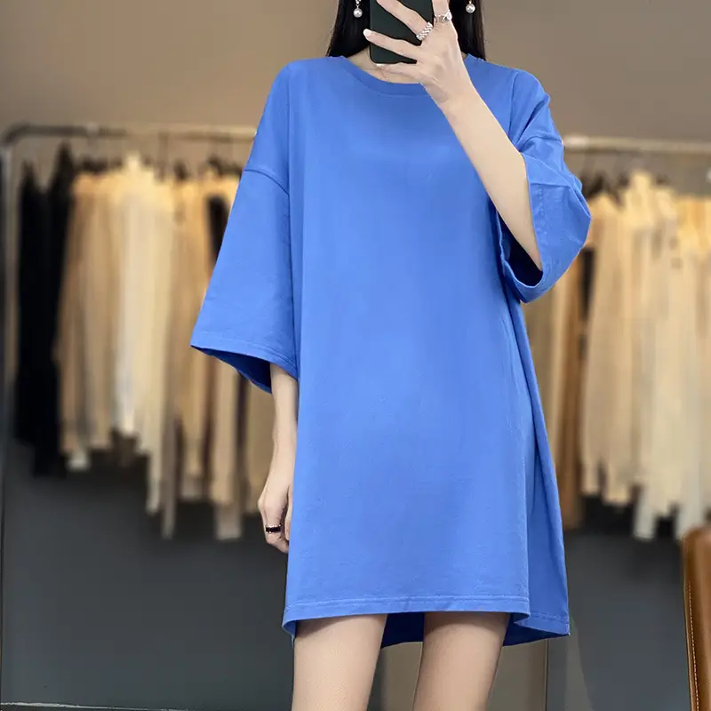 Women Blue Loose Sleeve T-Shirt Summer Casual