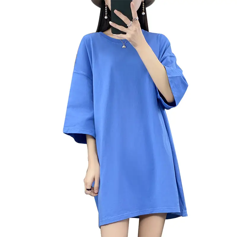 Women Blue Loose Sleeve T-Shirt Summer Casual