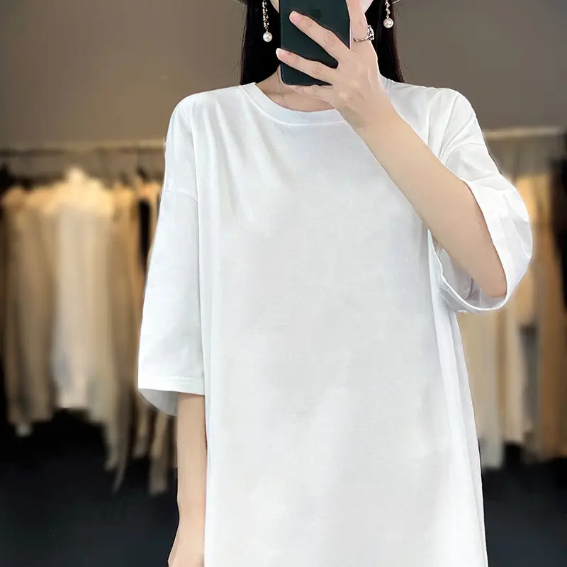 Women Blue Loose Sleeve T-Shirt Summer Casual