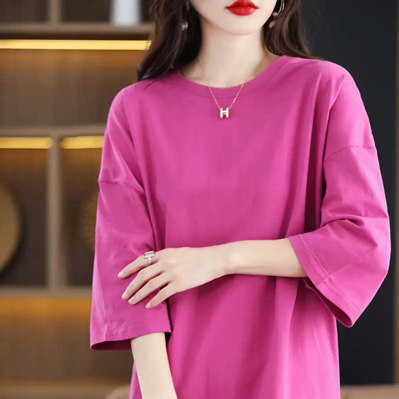 Women Blue Loose Sleeve T-Shirt Summer Casual