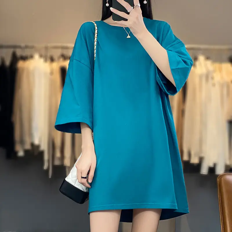 Women Blue Loose Sleeve T-Shirt Summer Casual