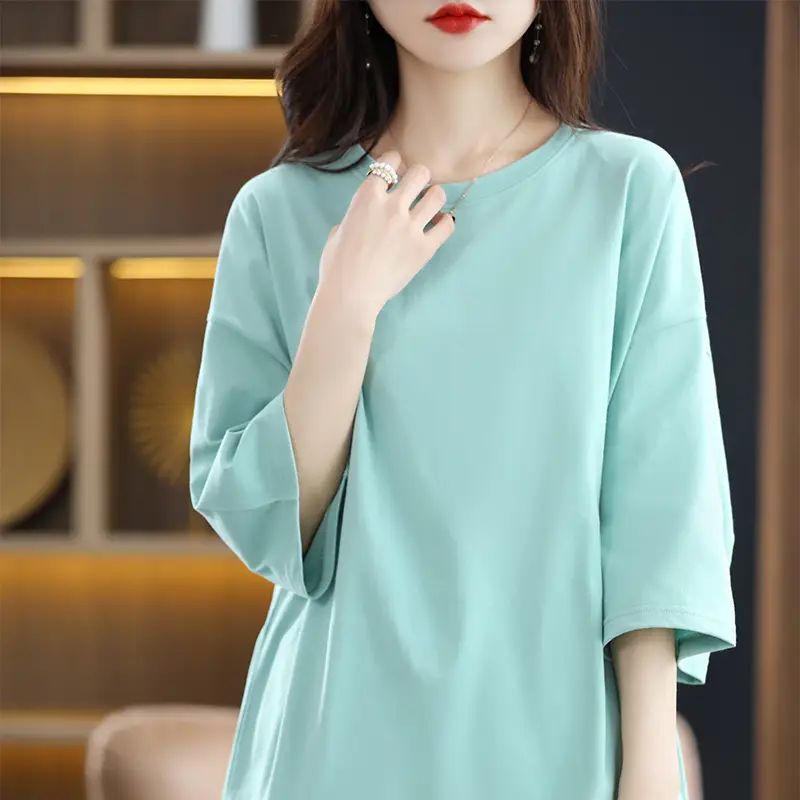 Women Blue Loose Sleeve T-Shirt Summer Casual