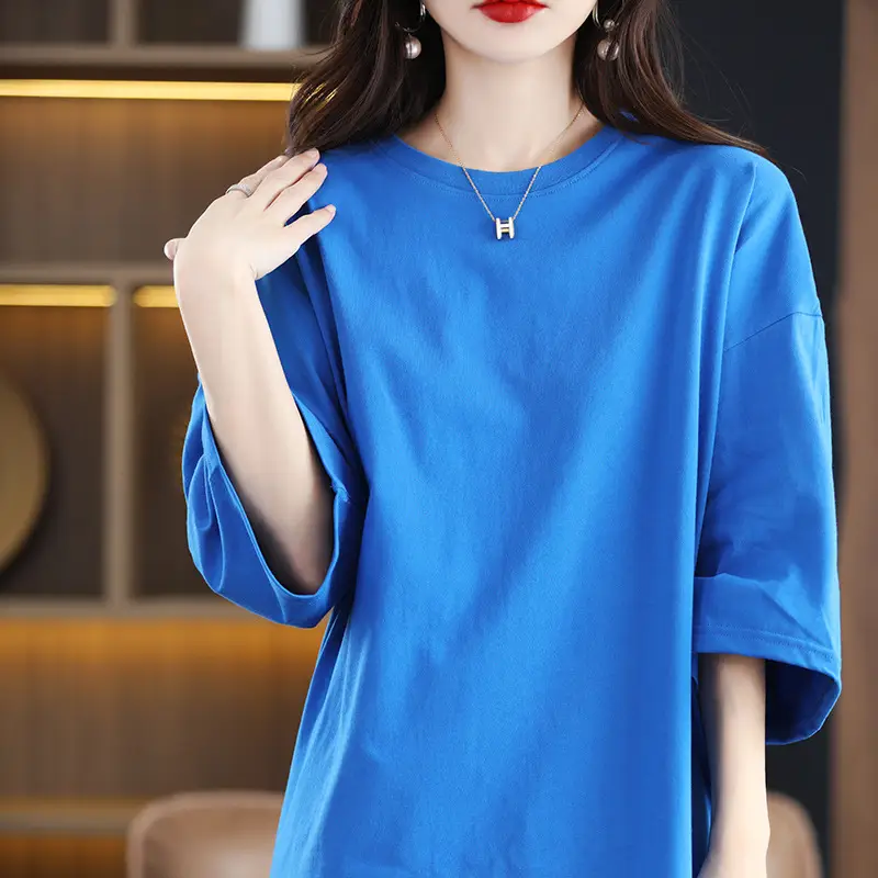 Women Blue Loose Sleeve T-Shirt Summer Casual