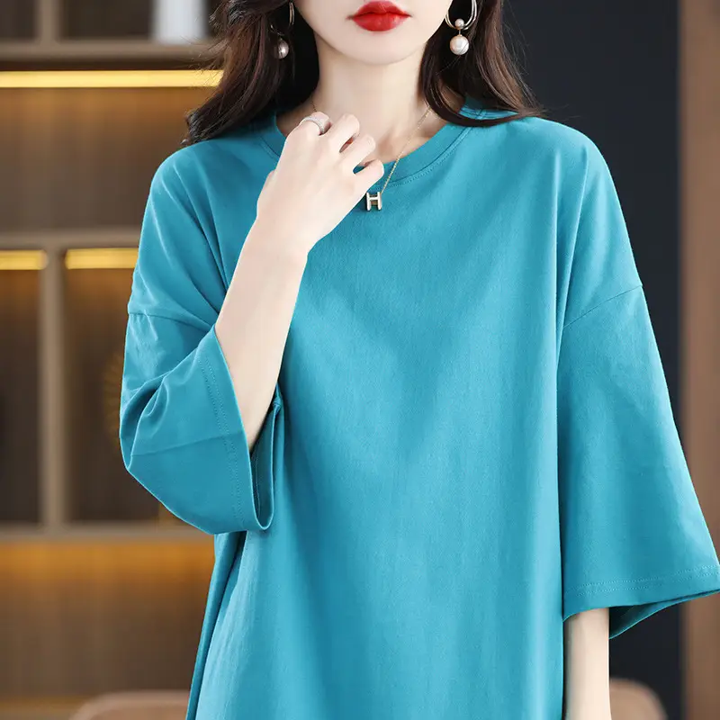 Women Blue Loose Sleeve T-Shirt Summer Casual
