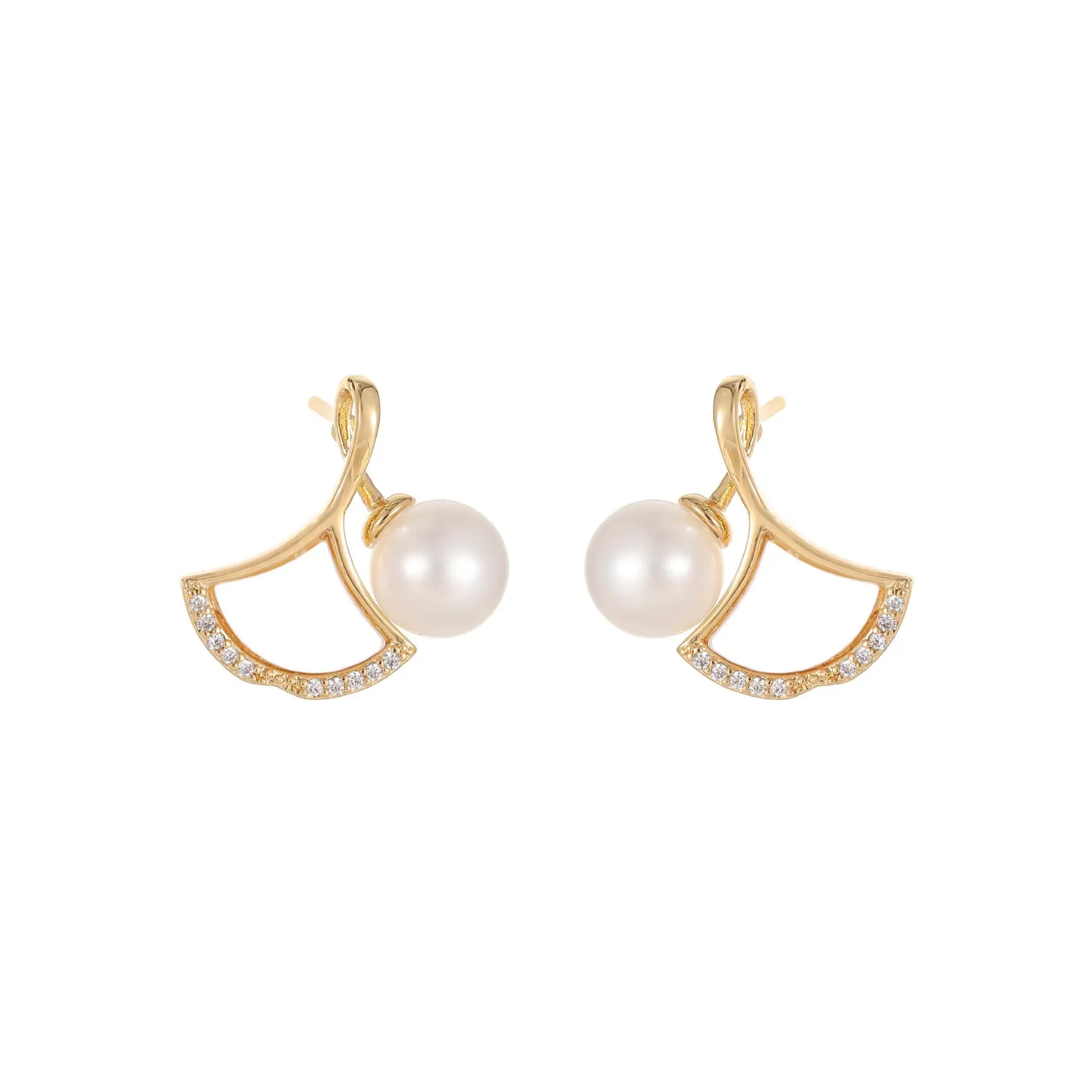 Natural Pearl Ginkgo Leaf Earrings Gold Micro-Set