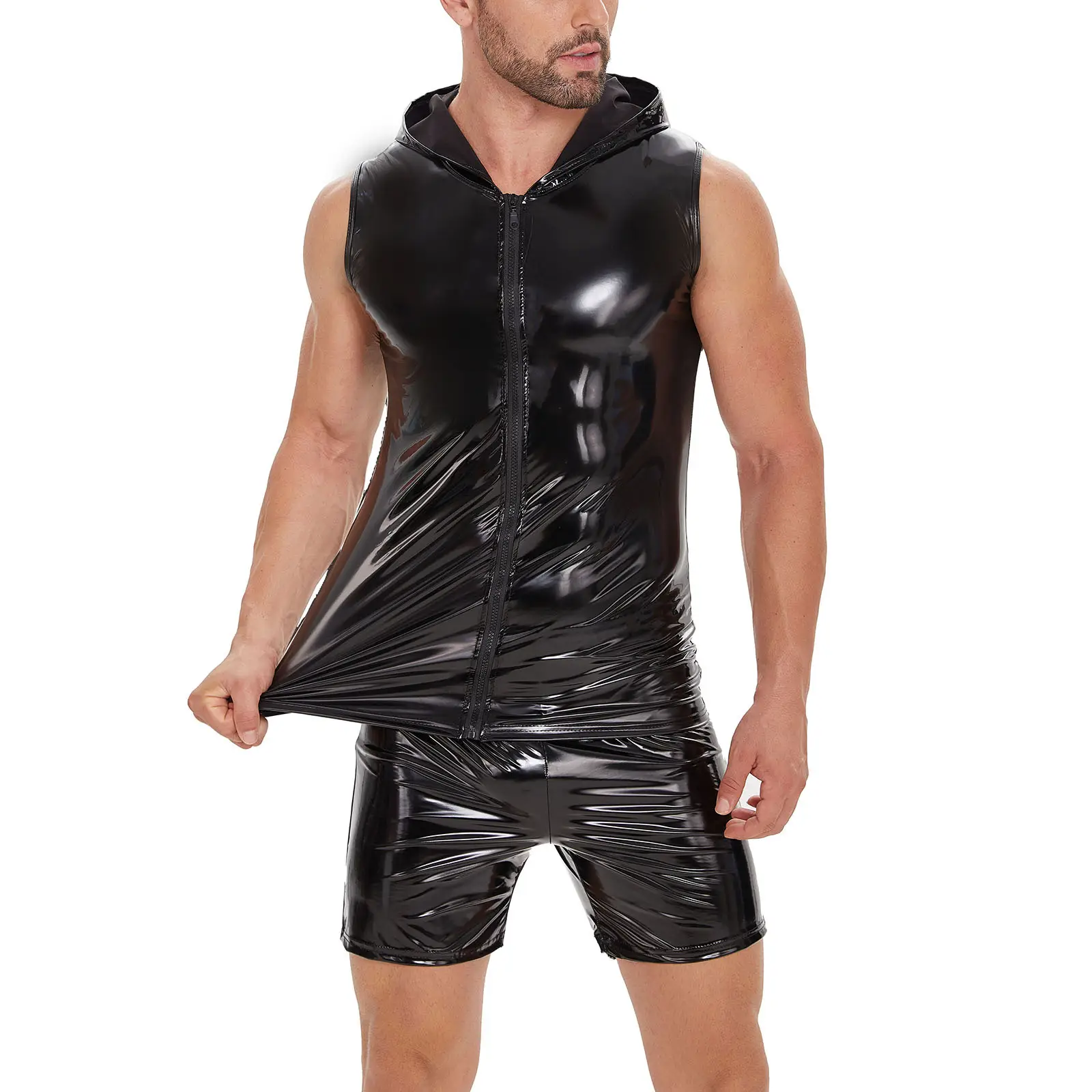 Men's Black Mirror Leather Waistcoat Vest Hooded Sleeveless