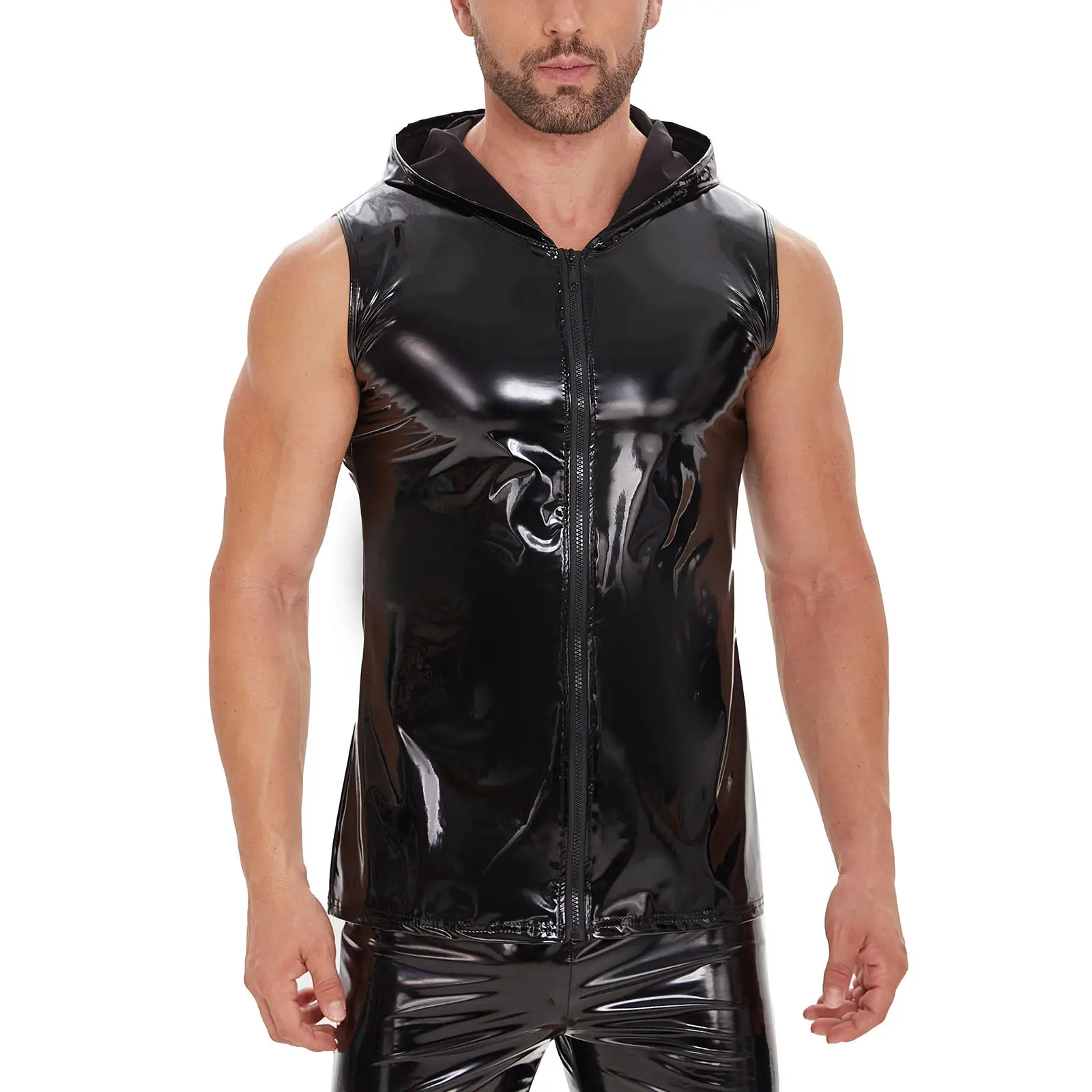 Men's Black Mirror Leather Waistcoat Vest Hooded Sleeveless
