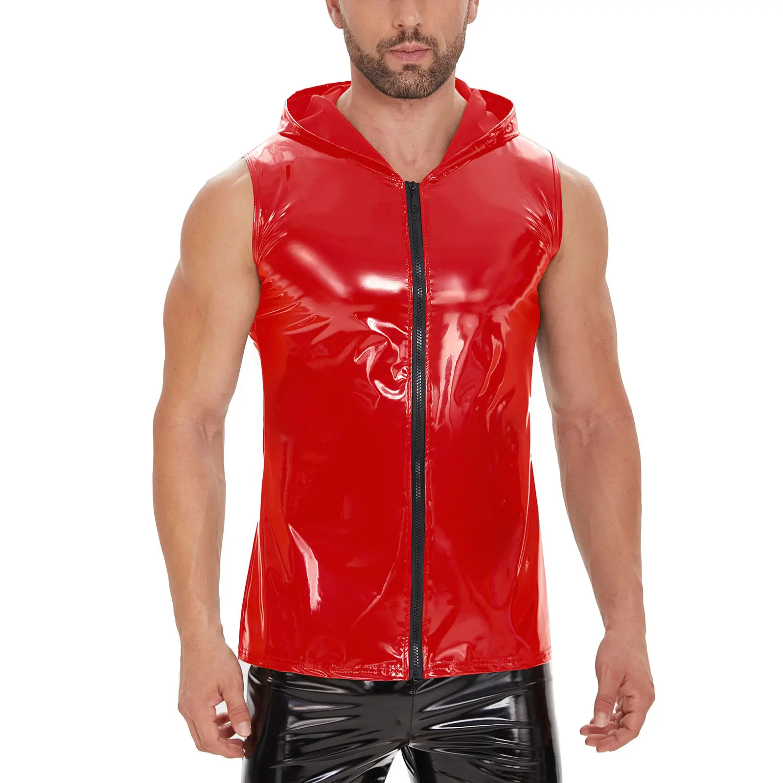 Men's Black Mirror Leather Waistcoat Vest Hooded Sleeveless — feature 3