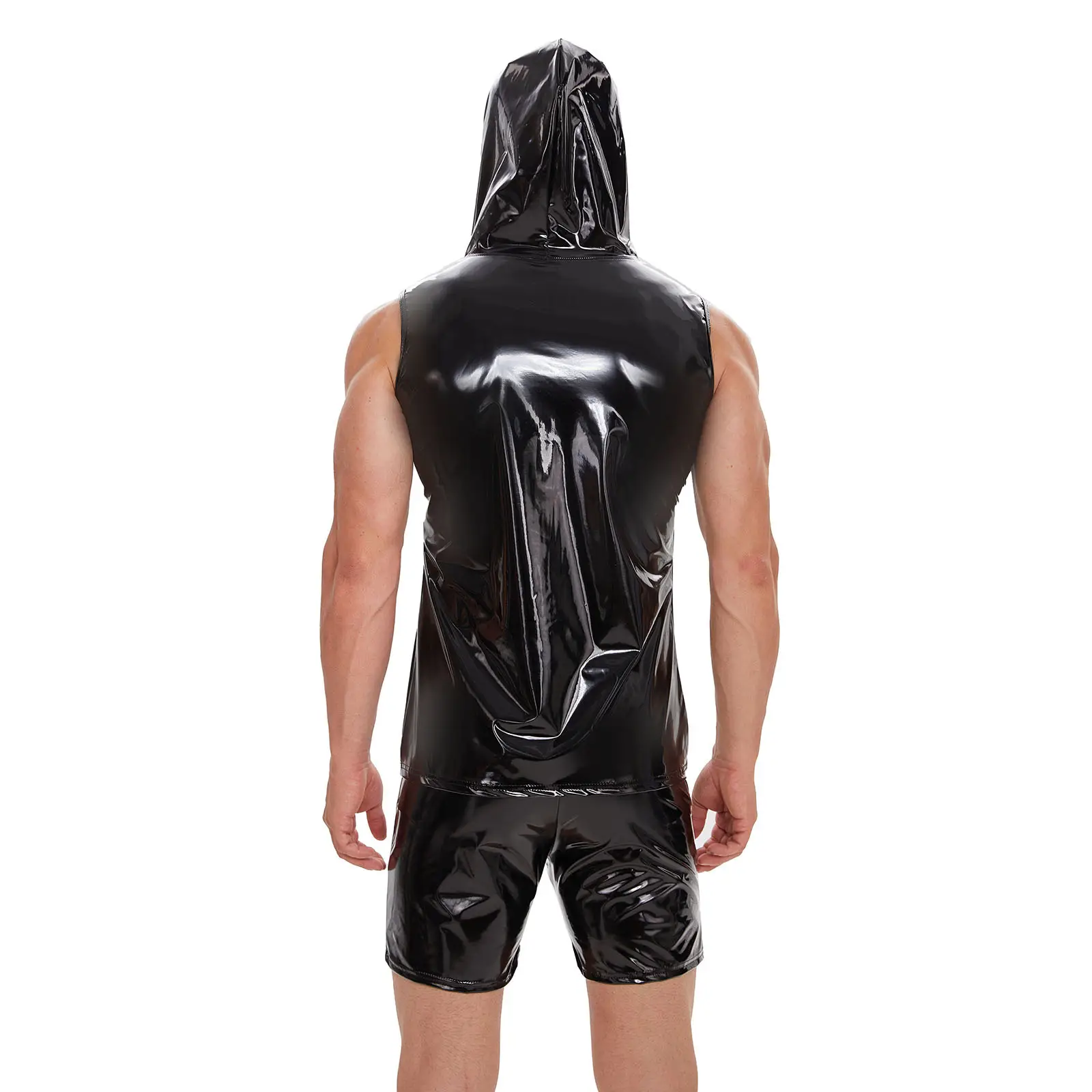 Men's Black Mirror Leather Waistcoat Vest Hooded Sleeveless — feature 4