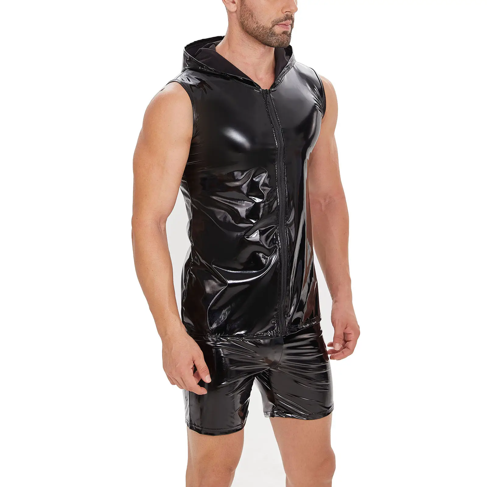 Men's Black Mirror Leather Waistcoat Vest Hooded Sleeveless — feature 5