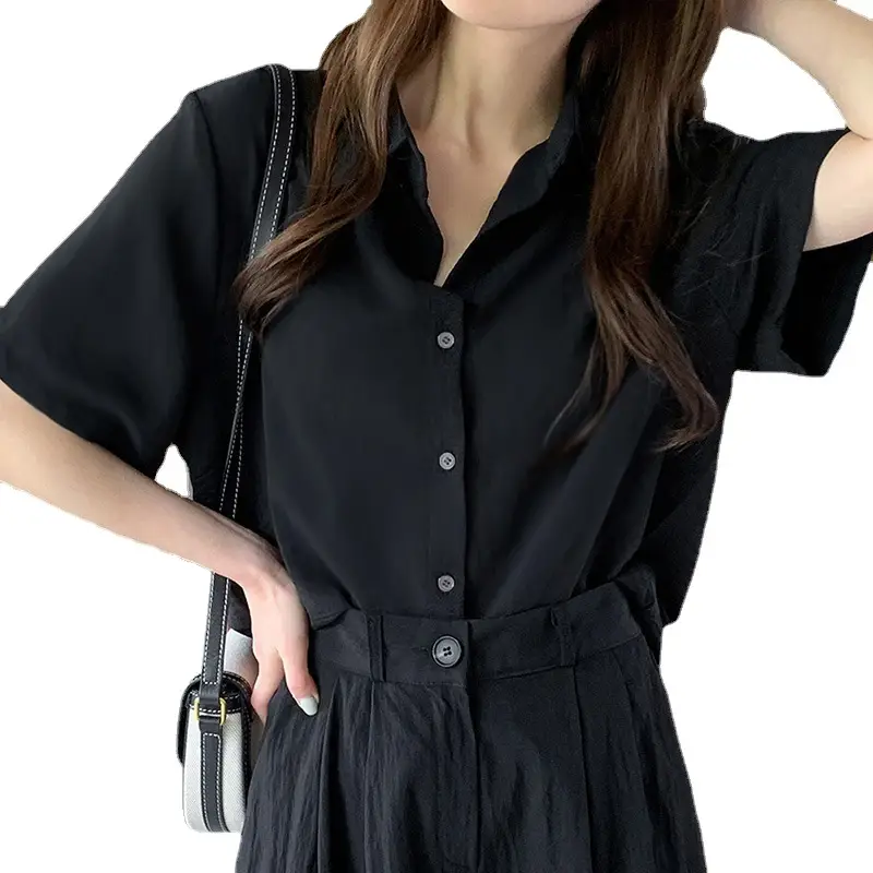 Black French Button-Down Shirt for Women Summer - Image 11