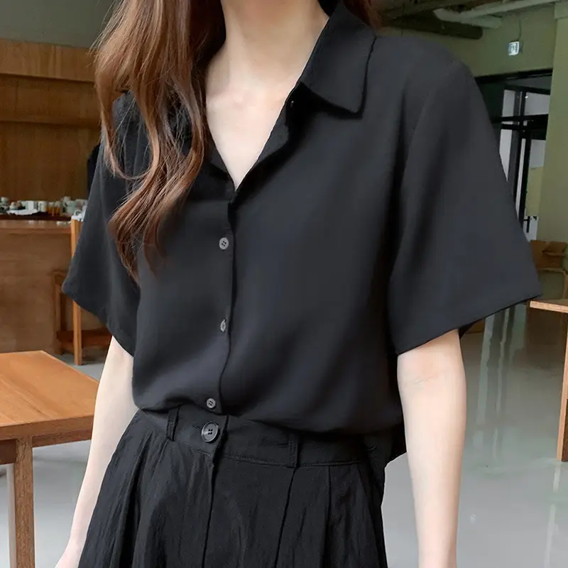 Black French Button-Down Shirt for Women Summer - Image 3
