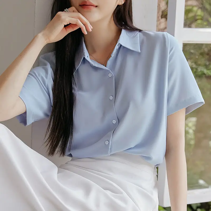 Black French Button-Down Shirt for Women Summer - Image 5