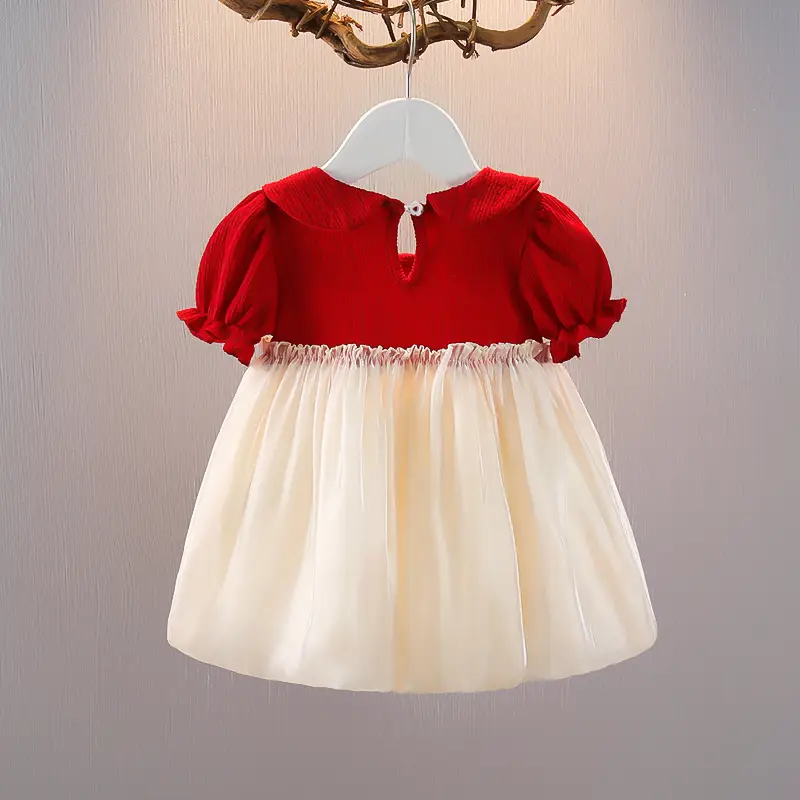 Girls Red Knit Princess Dress with Bow Gauze Skirt - Image 3