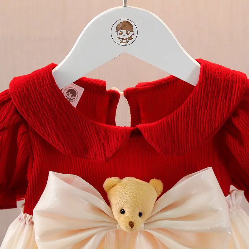 Girls Red Knit Princess Dress with Bow Gauze Skirt - Image 4