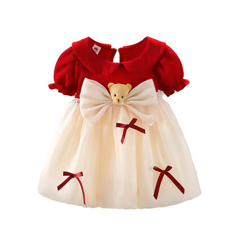 Girls Red Knit Princess Dress with Bow Gauze Skirt - Image 5