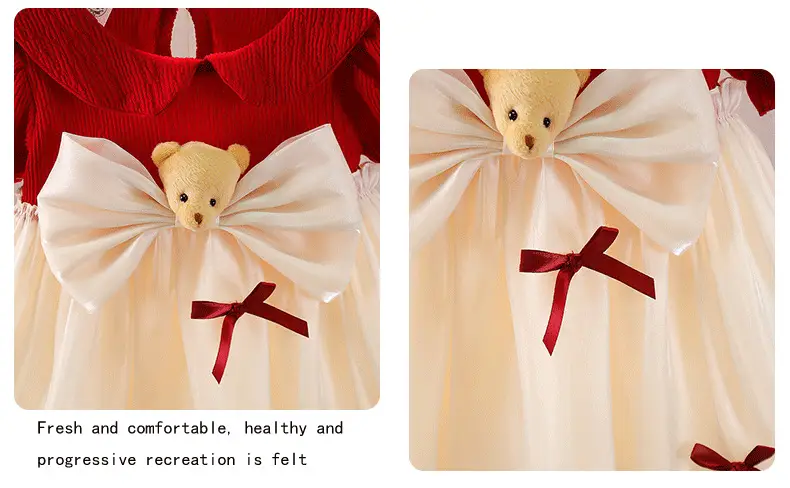 Girls Red Knit Princess Dress with Bow Gauze Skirt — feature 10