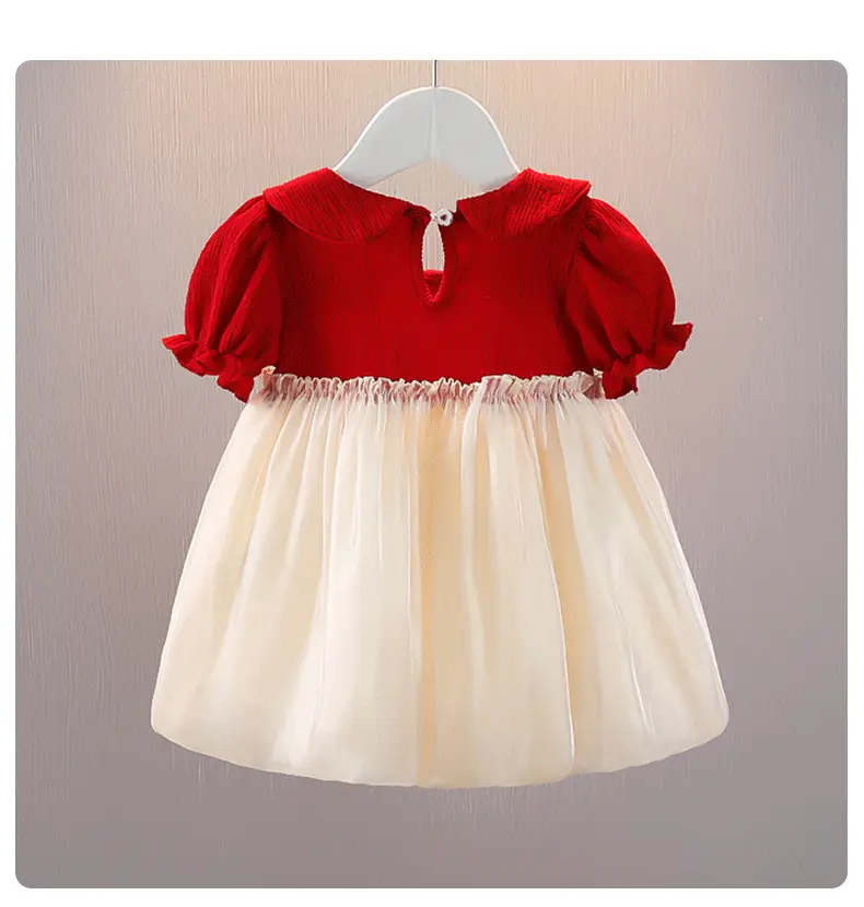 Girls Red Knit Princess Dress with Bow Gauze Skirt — feature 11